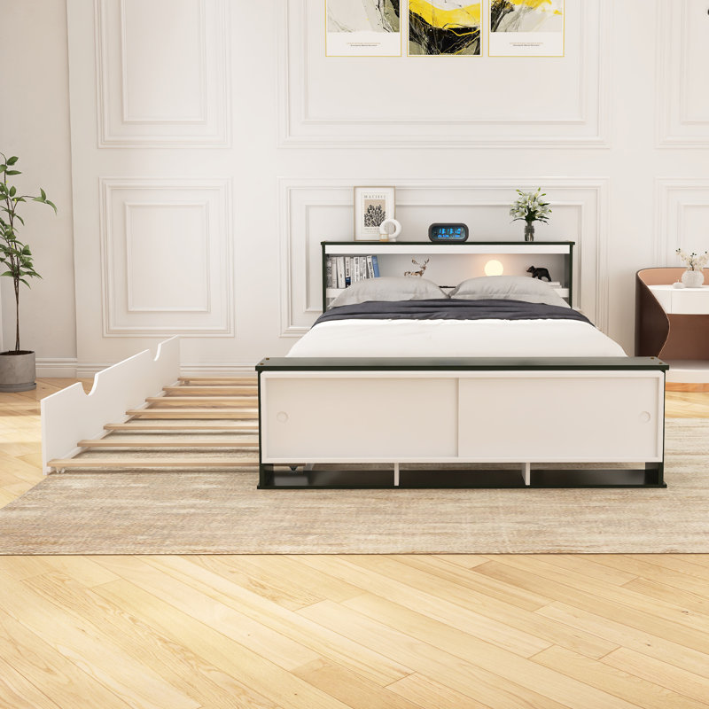 Lit plateforme double avec lit gigogne, tête et pied de lit avec rangement, conception de chargement USB, Blanc/vert