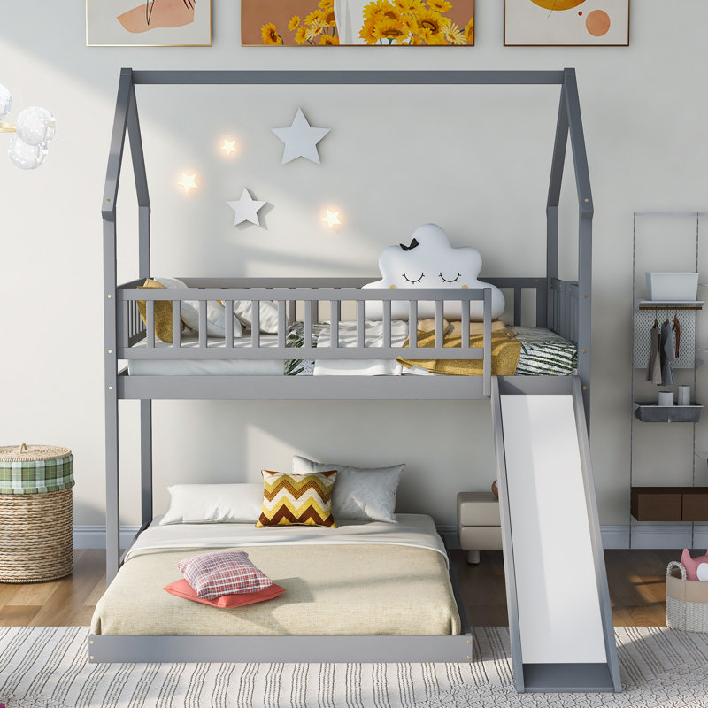 Lit superposé House avec glissière et échelle intégrée, garde-corps sur toute la longueur, Gris