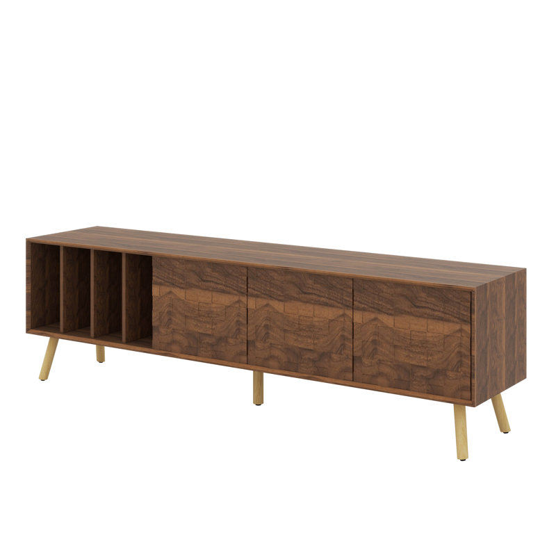 Meuble télé Mid-Century moderne avec 3 armoires et 4 espaces ouverts, centre de divertissement avec 5 pieds en bois massif