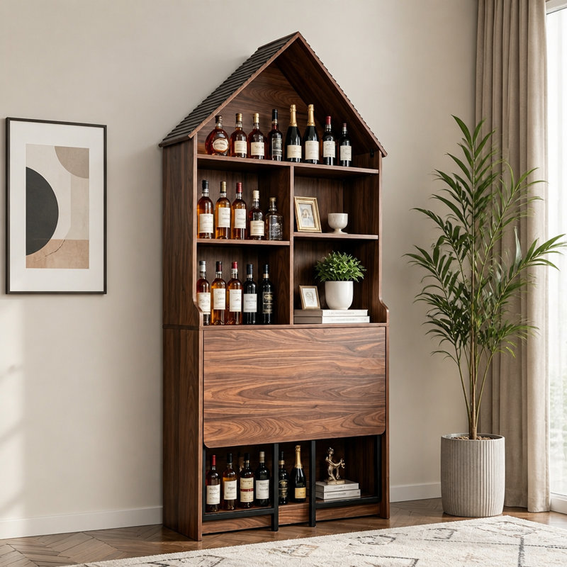 Bureau d'artisanat pliant avec tablettes de rangement, bureau convertible dissimulé en bibliothèque, Brun