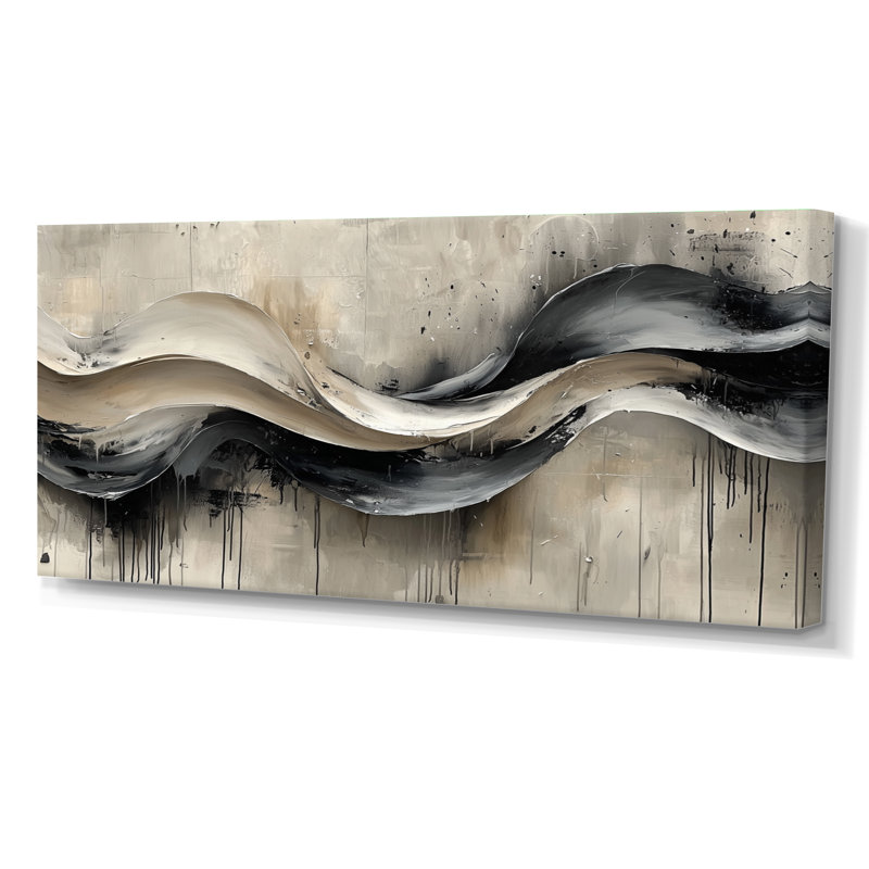 Gris sur fond blanc l'encre rythmique de la rivière à encre IV - Art abstrait de vagues modernes, H 28 po x l 60 po