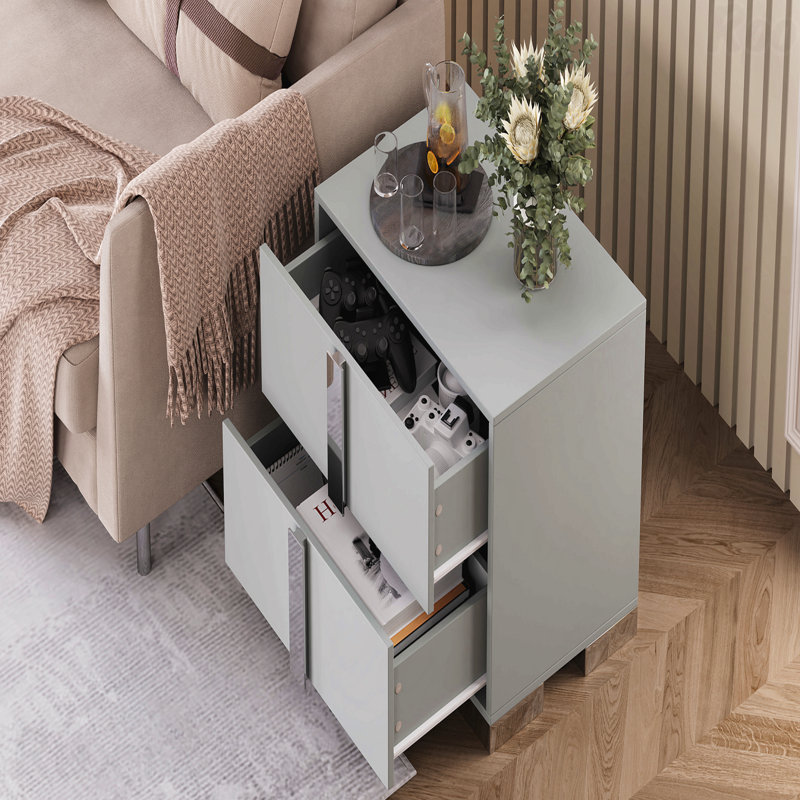 Grey Modern End Table, Elegant Nightstand with Metal Foot & Mirrored Metal Handles, Gray