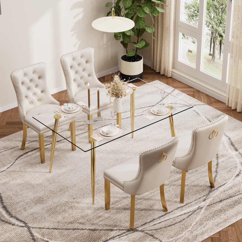 Ensemble de table de salle à manger rectangulaire moderne en verre trempé, table de salle à manger de luxe avec chaise de salle à manger en velours capitonné