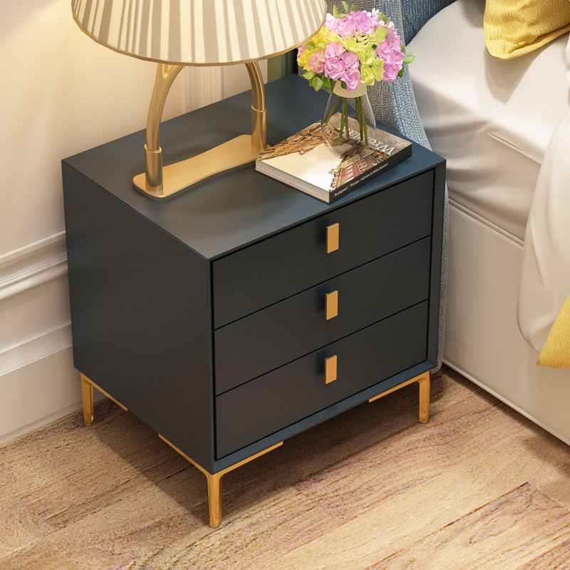 3 - Drawer Nightstand With Metal Legs, Dark Blue