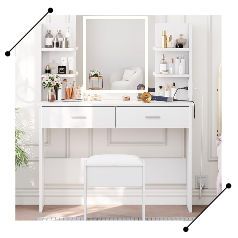 Ensemble de coiffeuse avec miroir lumineux, ensemble de coiffeuse avec prise de courant, Blanc