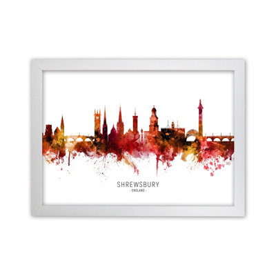Shrewsbury England Skyline Red City Name by Michael Tompsett - Print