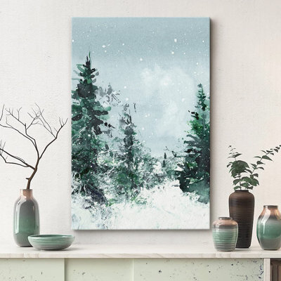 Woodland Forest Landscape " Winter Snow Watercolor Pine Tree Forest Nature "