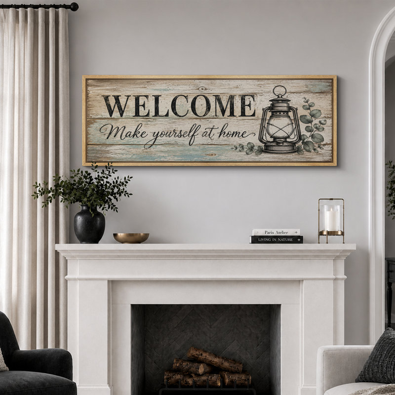 Tableau rustique de bienvenue avec lanterne et eucalyptus, décoration d'entrée, impression giclée sur toile encadrée (3 pièces)