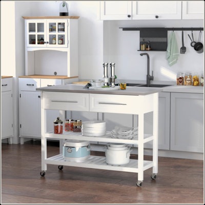 Kitchen Island With Stainless Steel Top, Open Shelves, And Drawers, Gray