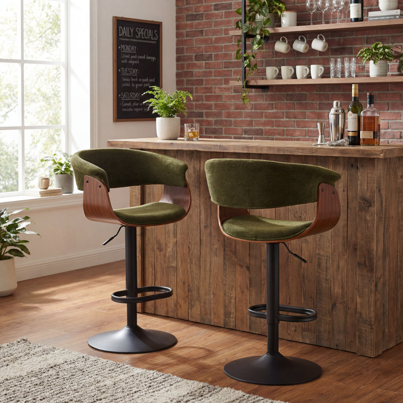 Tabourets de bar à hauteur réglable avec siège pivotant en tissu et dossier pour îlot de cuisine, bar et pub, 2, Vert