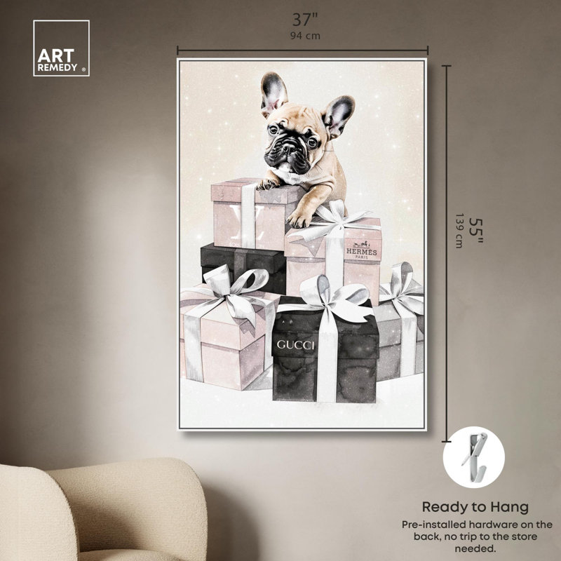 Jolies boîtes-cadeaux sur toile Frenchie , H 55 po x l 37 po, Cadre flottant blanc