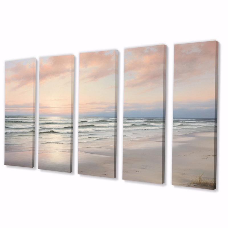 Beach Serenity Gentle Pink Pastel Sunrise - Beach Canvas Print - 5 Equal Panels