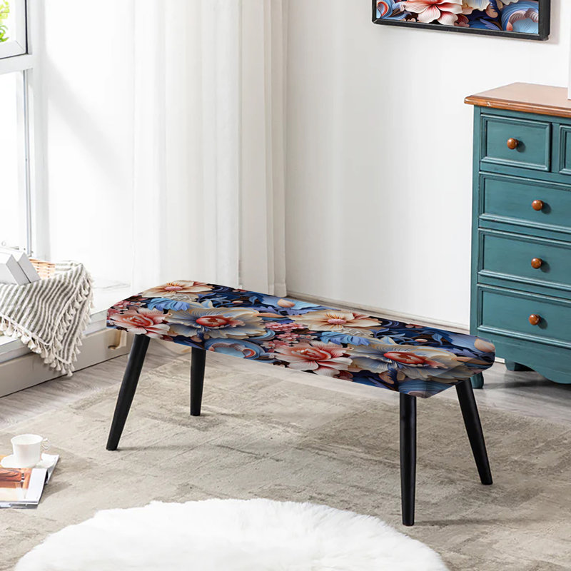 Mediterranean Escape Floral Pattern In Blue - Floral Upholstered Black Bench