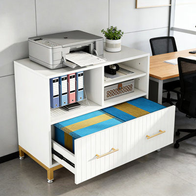 Classeur polyvalent et stable avec tringle réglable, 3 espaces ouverts, tablette, métal doré E1, 35,03 po de profondeur, 15,95 po de largeur, 29,91 po de hauteur, pratique et élégant