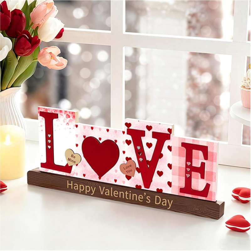 Décoration «Valentine» en bois pour la Saint-Valentin - plateau de table et plateau à niveaux