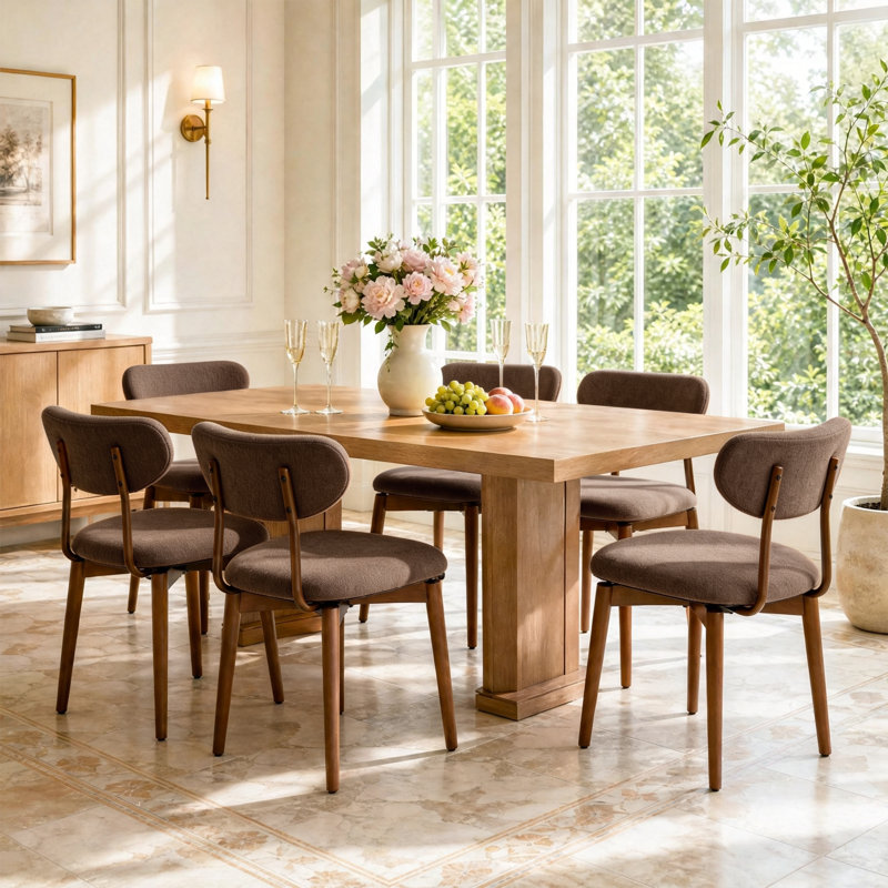 Ensemble en coton et lin avec chaises de salle à manger en bois à dossier incurvé (lot de 6), Sand