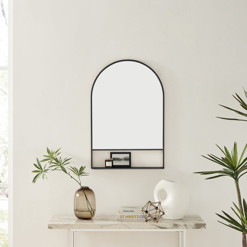 Adilena Arch Metal Frame Hallway Mirror with Storage Shelf - Bedroom Hollywood Mirror, Black