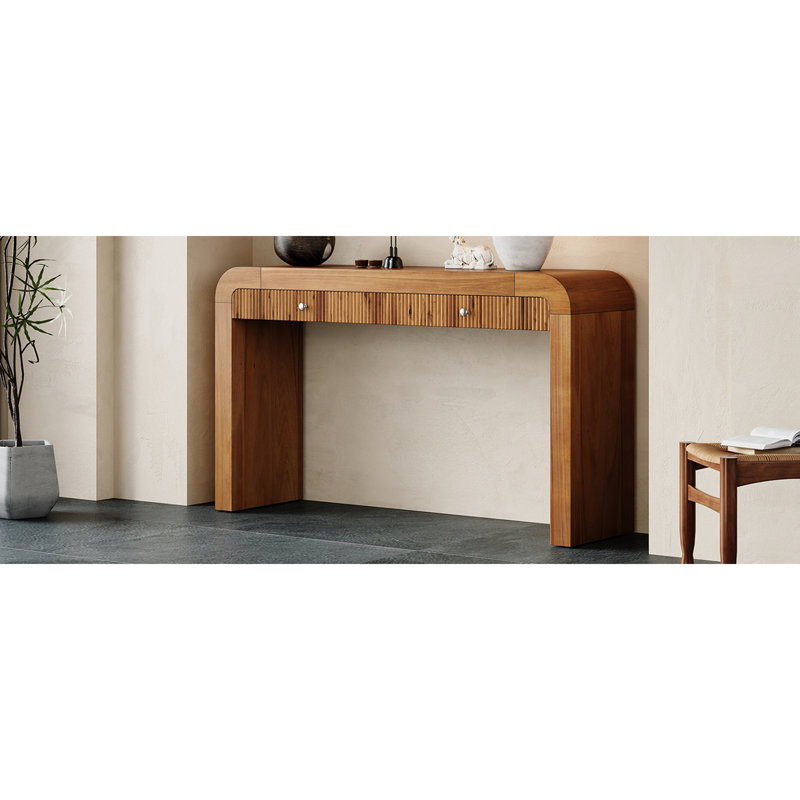 Rustic Petya with Fluted Drawer, Curved Corners and Thick Legs for Entryway or Living Room Use., Brown