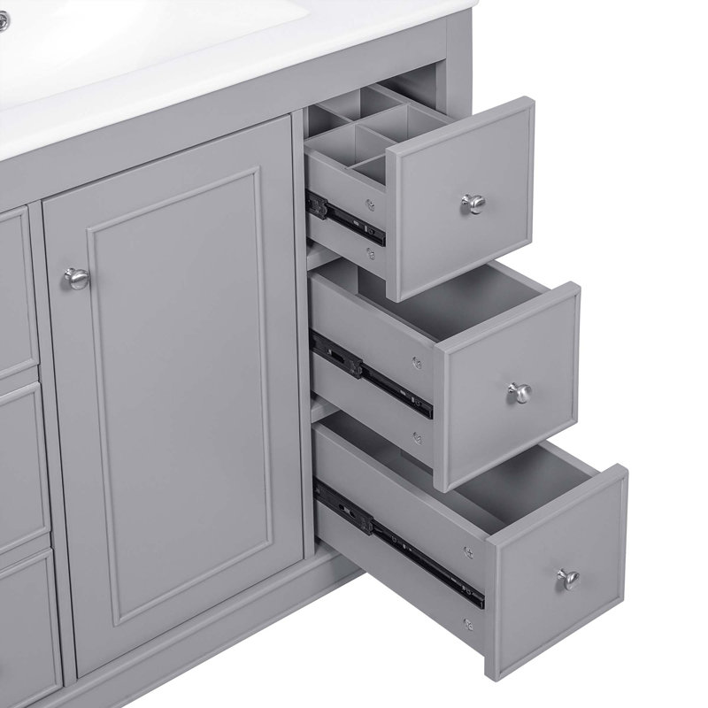Ensemble de meuble-lavabo moderne avec lavabo en céramique 36 x 18,3 x 34,1 po, 4 tiroirs et 1 porte, rangement polyvalent, tablette réglable, cadre en bois massif, panneau de fibres à densité moyenne