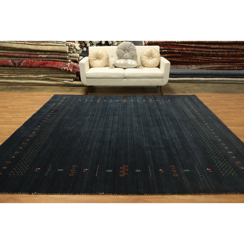 Tapis de style Gabbeh foncé minimaliste 9 x 9 avec broderie détaillée