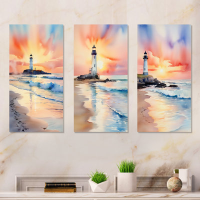 Plage, phare, coucher de soleil I - ensemble de 3 reproductions sur toile Coastal Beach