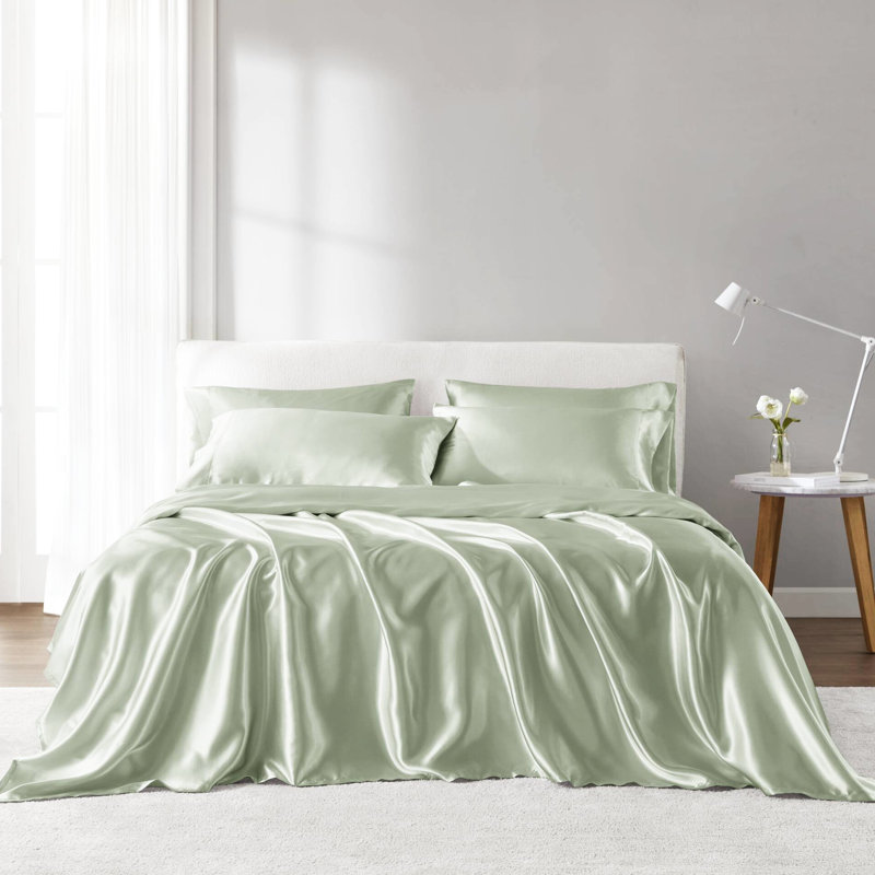 4 Pcs Twin Sage Satin Sheet - Luxury, Wrinkle , Smooth Texture, Gentle On Skin & Hair, , Comes With Flat Fitted Sheets In Includes And Pillowcases