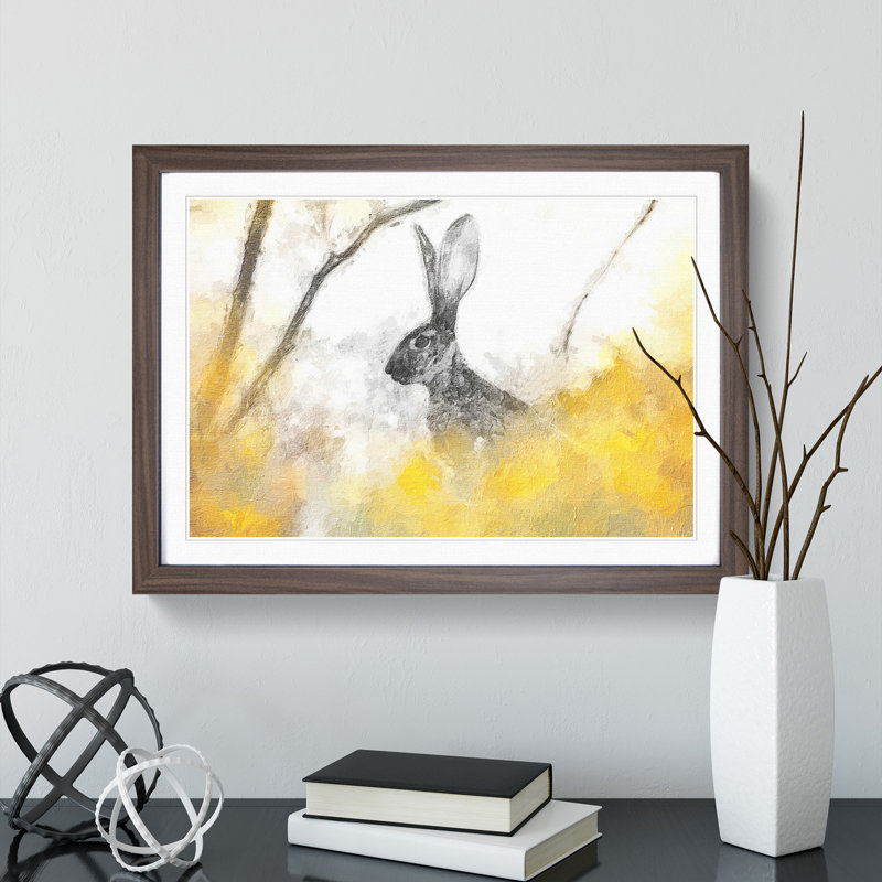 FRM-B-1275X The Alert Hare in Yellow - Picture Frame Painting, Walnut Framed, 48cm H x 65cm W x 2cm D