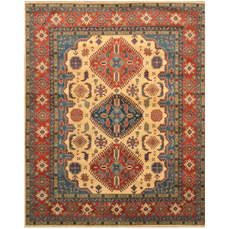 Tapis brun / ivoire / bleu en laine noué à la main de conception unique 8 pi 3 po x 10 pi 3 po Jevon
