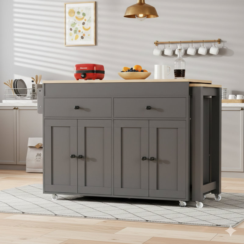 74.5-Inch Kitchen Island with Extendable Dining Table, Rolling Kitchen Cart on Wheels, Fitted with Spice Rack, 2 Drawers, and 4-Door Cabinet – Suitable for Kitchen and Dining Room, Grey Finish (Single Package)