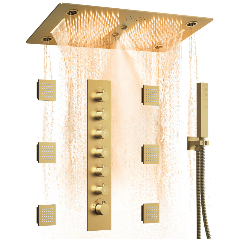 Système de douche thermostatique à DEL de 71 cm (28 po) à montage au plafond, avec pommeau de douche à 4 modes, 6 jets corporels et douchette à main.