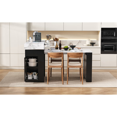 Table de salle à manger extensible avec plateau pliable, table de bar avec tiroirs et prise de courant, îlot de cuisine avec roulettes et crochets, buffet pour la cuisine et la salle à manger (noir et blanc marbré)