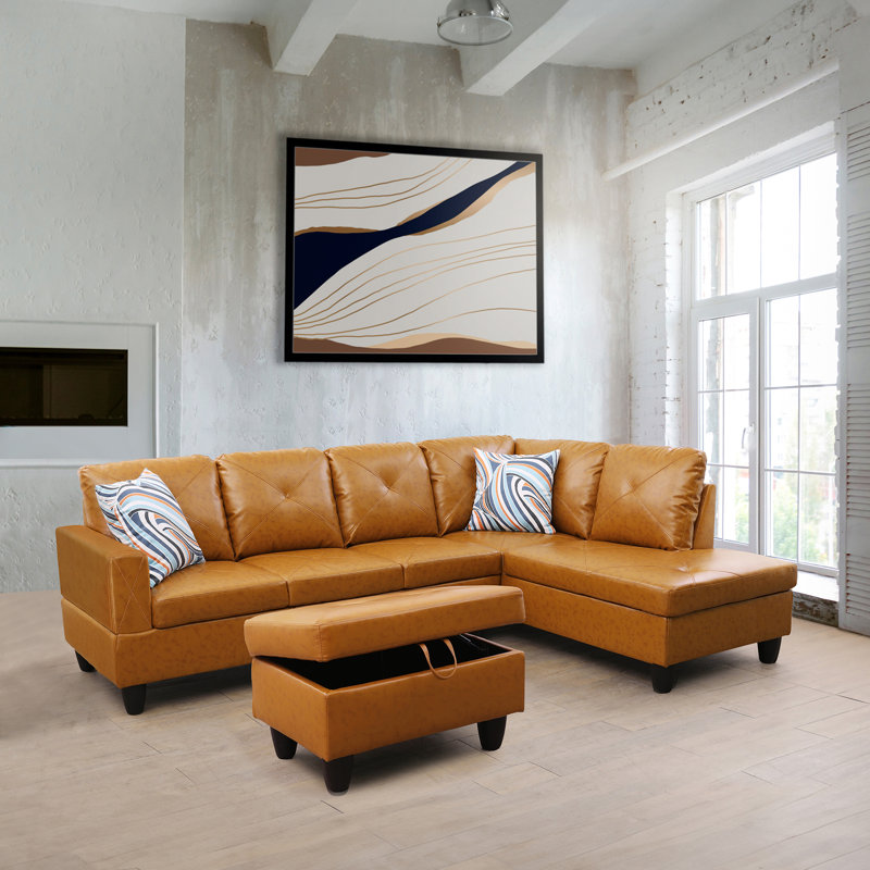 Canapé modulaire en cuir 3 pièces Almatine, Similicuir orange, Accoudoir à droite (vu de face)