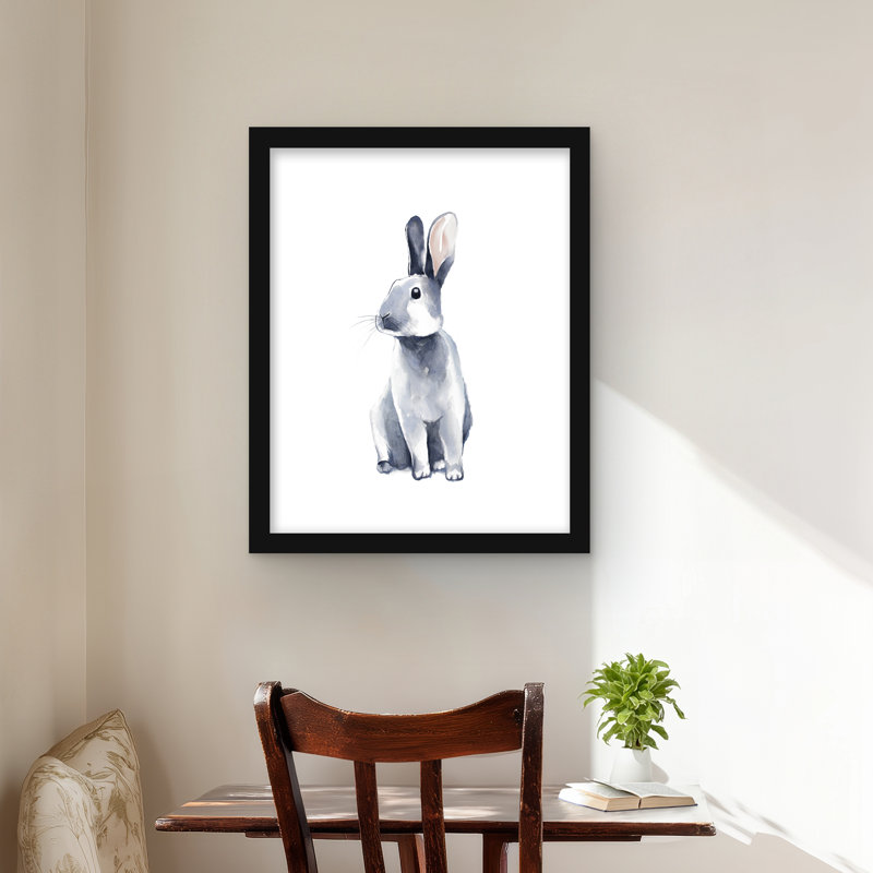 Gray Curious Rabbit - Framed Matted Print for Home Decor