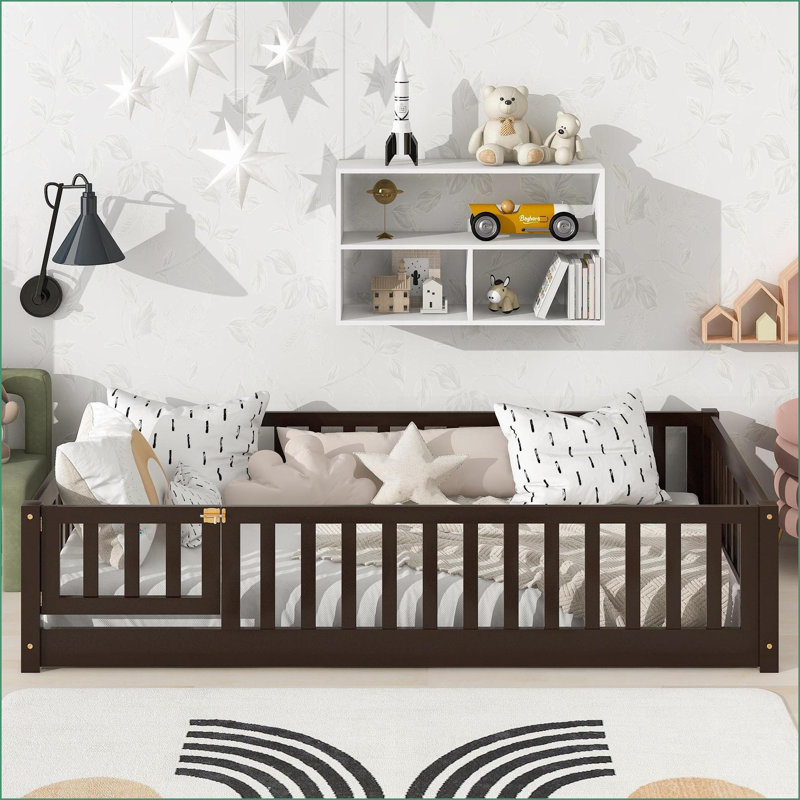 Lit plateforme simple en bois d'hévéa avec garde-corps de sécurité, sans sommier, espresso pour espaces compacts, Lit simple