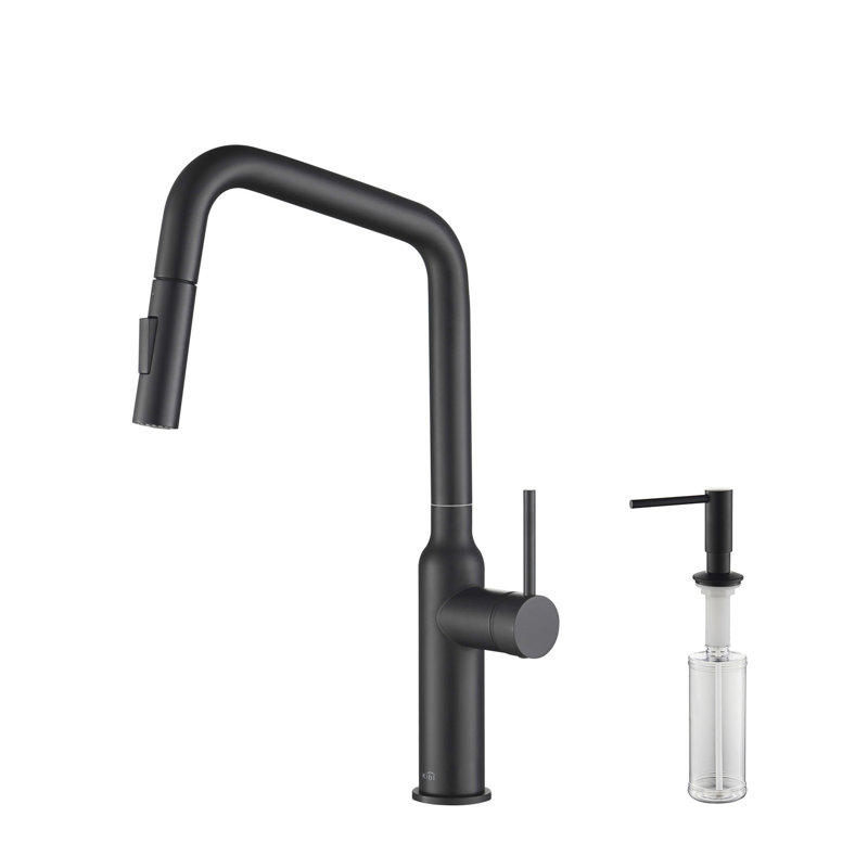 Robinet de cuisine à poignée simple avec accessoires Macon, Noir mat, Avec distributeur de savon