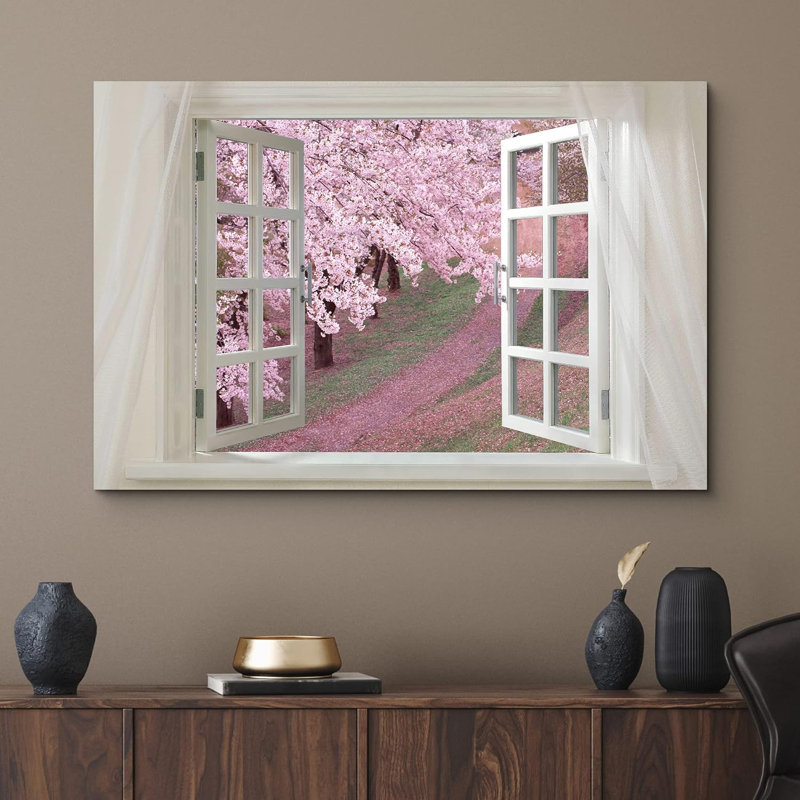 Wi Nature Scene " Glimpse Into Cherry Blossom In Spring Open Window ", 16" H x 24" W