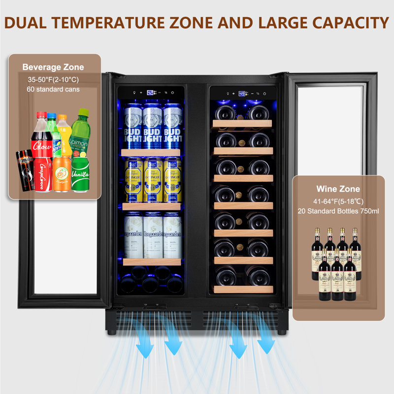 24" Wine and Beverage Refrigerator 20 Bottle 60 Can Dual Zone Built-In/Freestanding Classic Beverage Wine Cooler