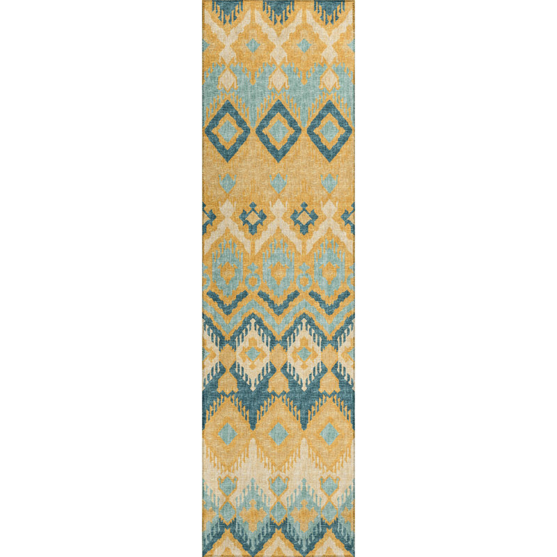 Tapis jaune / blanc / bleu tissé à la machine Hubbs, Tapis de couloir 2 pi 3 po x 7 pi 6 po