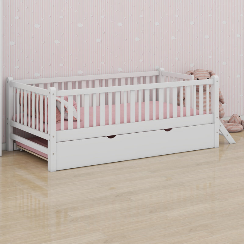 Wood Platform Bed With Guardrail And Trundle, White