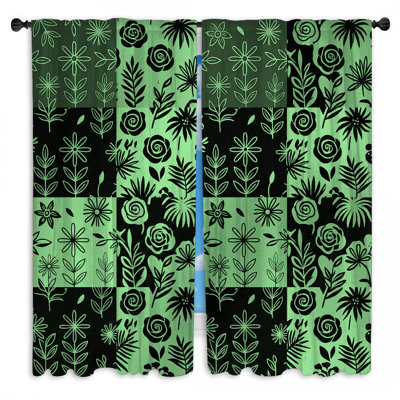 Green Botanical Patchwork Window Curtains Floral Sheer & Room Darkening - 2 Panels