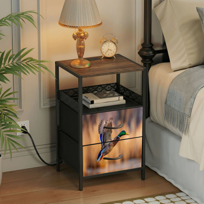 Table de chevet 2 tiroirs avec station de charge, table de chevet pour chambre avec ports USB et amp; Table de chevet noire Outlet, avec impression de photos de canard colvert