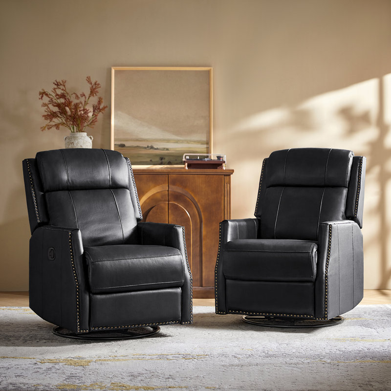 Ensemble de 2 fauteuils inclinables pivotants en cuir véritable Hugh, Noir, noir, noir, noir