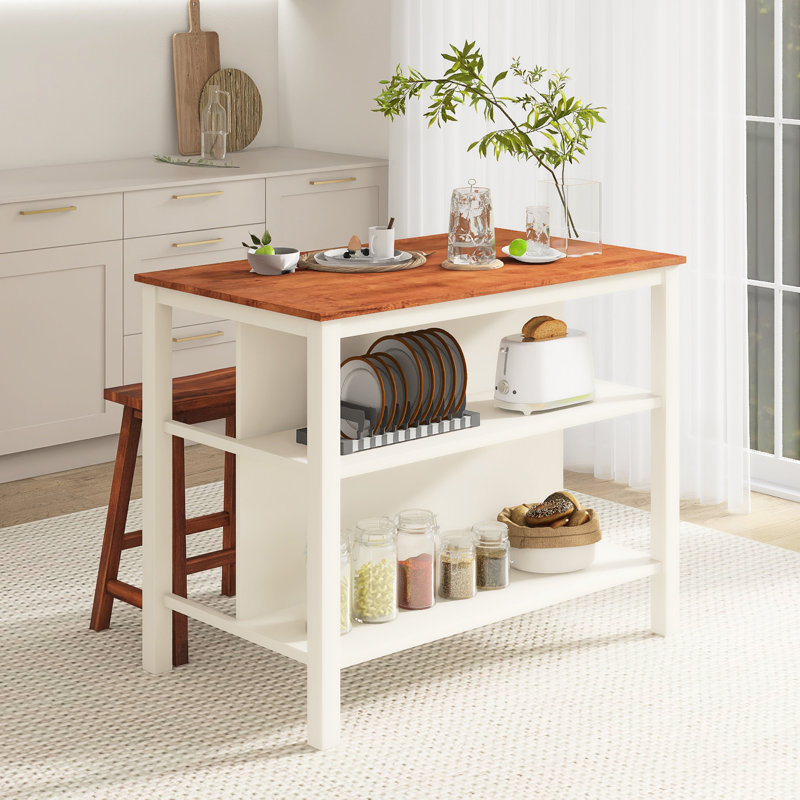 Ensemble de table de salle à manger 3 pièces en bois massif rustique avec 2 tablettes ouvertes