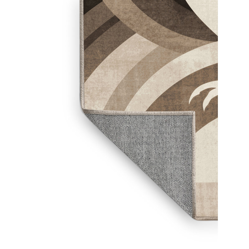Machine Washable Osckar Snowy Owl Art Deco Arc Rug in Beige – Beige Binding, 2x5