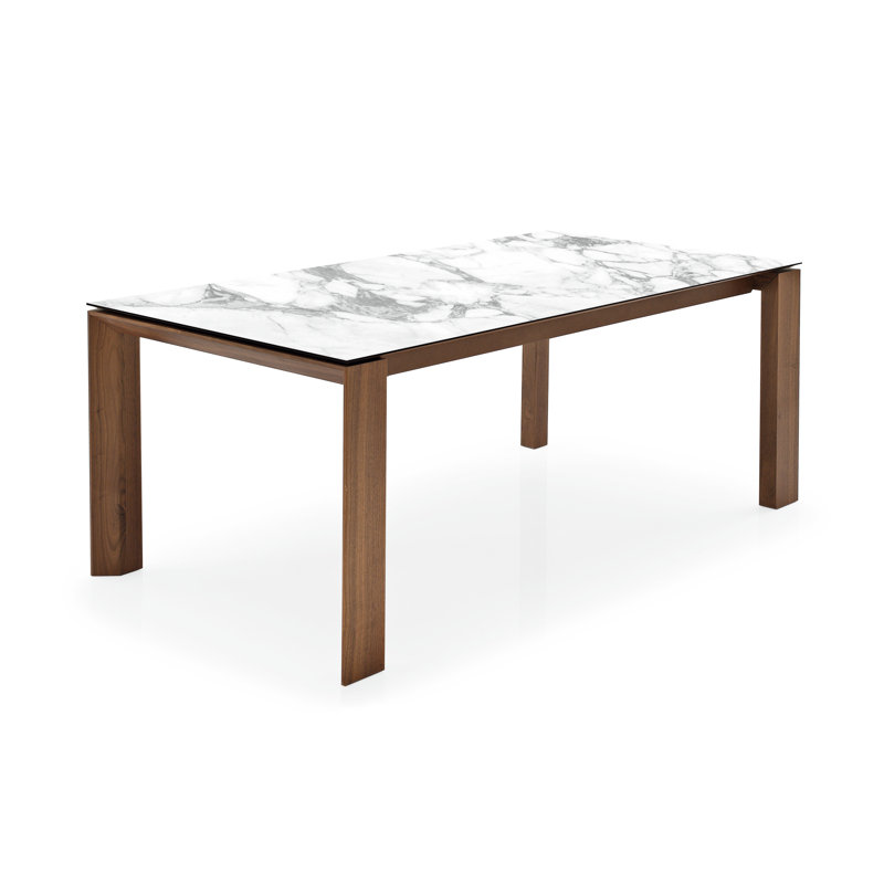 Table extensible avec plateau rectangulaire et pieds en bois Omnie, Céramique marbre blanc, Placage graphite