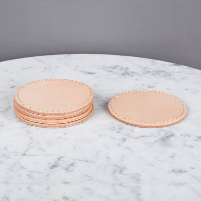 Leather Round 5 Piece Coaster Set, Nature