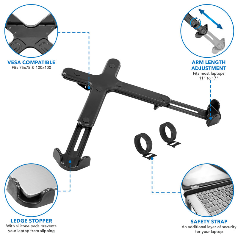 Black Adjustable Steel Clamp-On Laptop Tray with Safety Straps