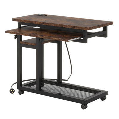 28"-39.3" Height Adjustable Portable Desk With Power Outlet & Usb Ports, Rolling C-Shaped Side Table With Keyboard Tray, Small Standing Desk With Wheels