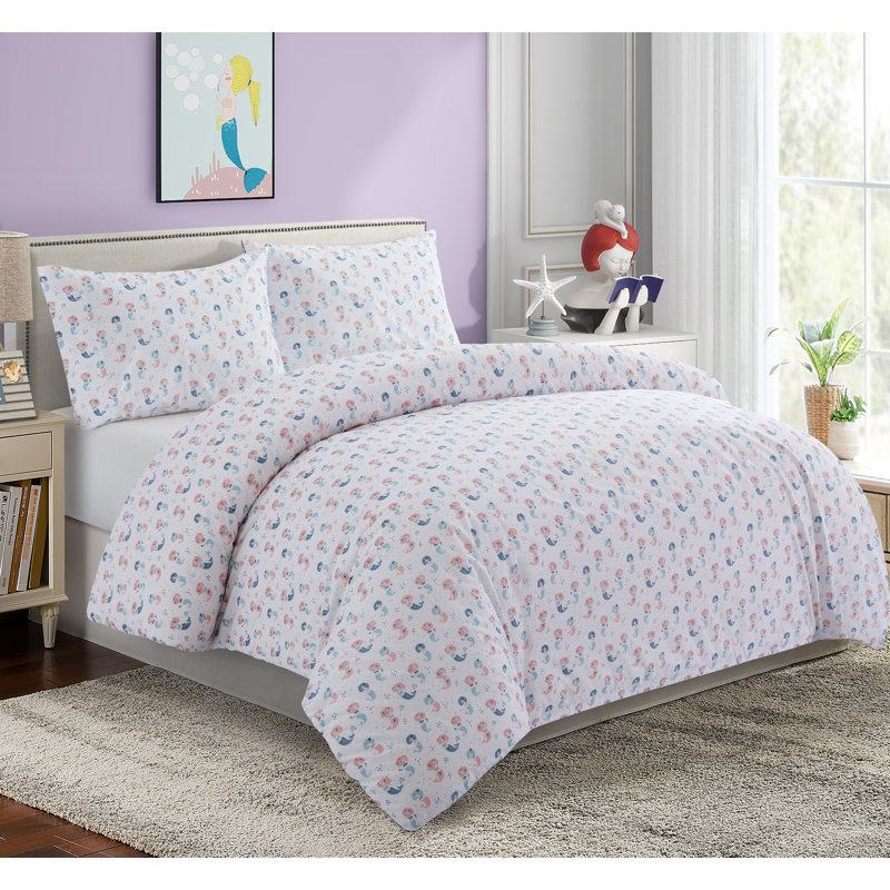 Queen Pink and Blue Cotton Mermaid Duvet Cover Set