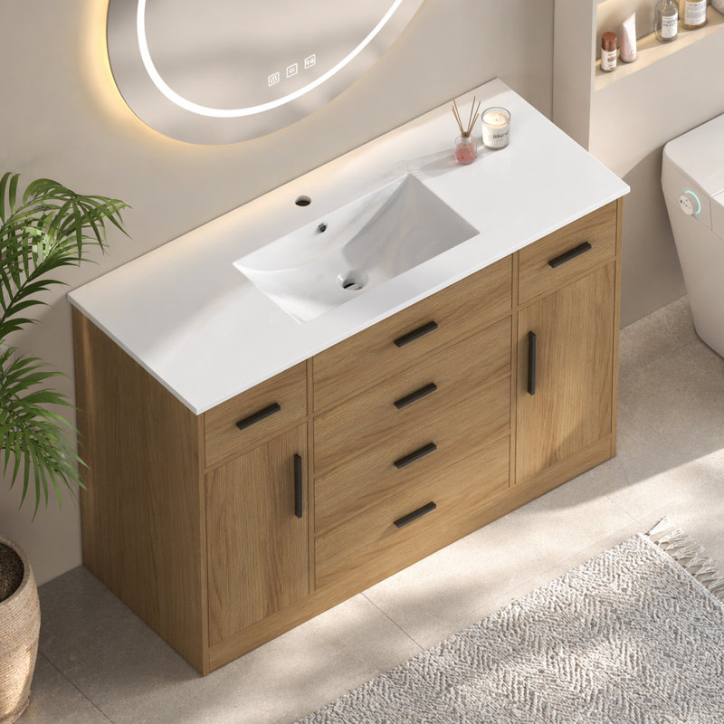 Meuble-lavabo 48 po en chêne clair. Armoire de rangement abondante - 2 portes à fermeture douce et 6 tiroirs